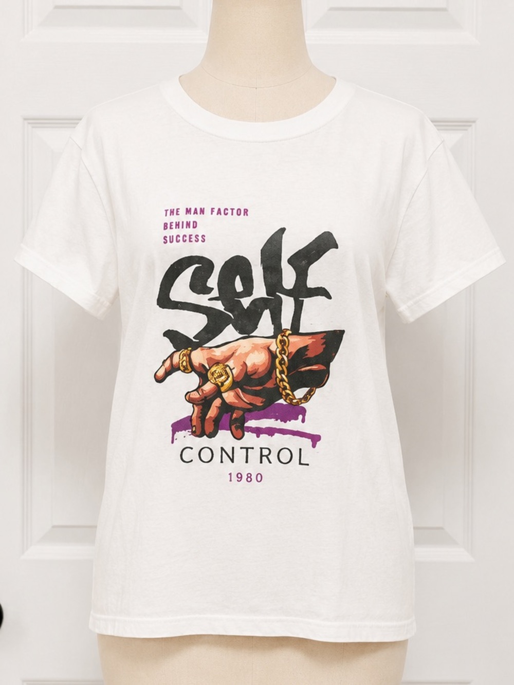 Self Control 1980 White Graphic Tee with Hand Illustration